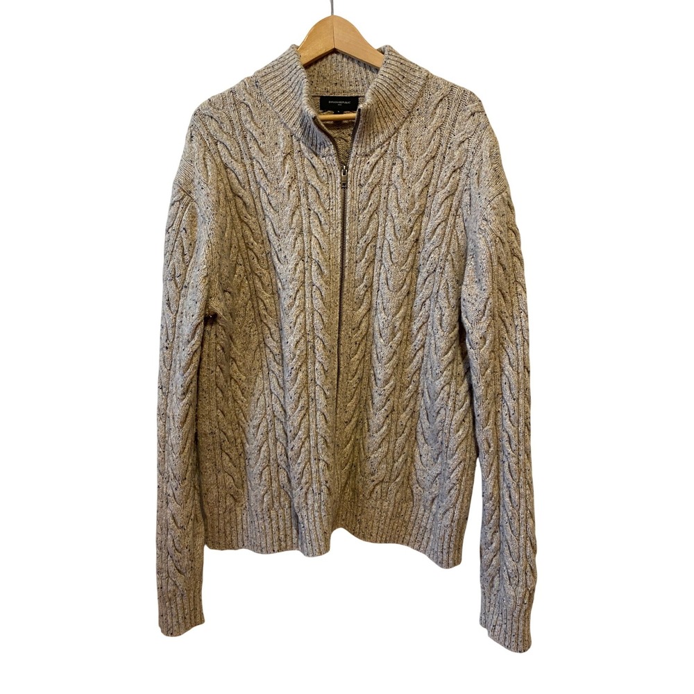 Banana Republic Full Zip Cable Knit Sweater Size L Beige Wool Fisherman Old $